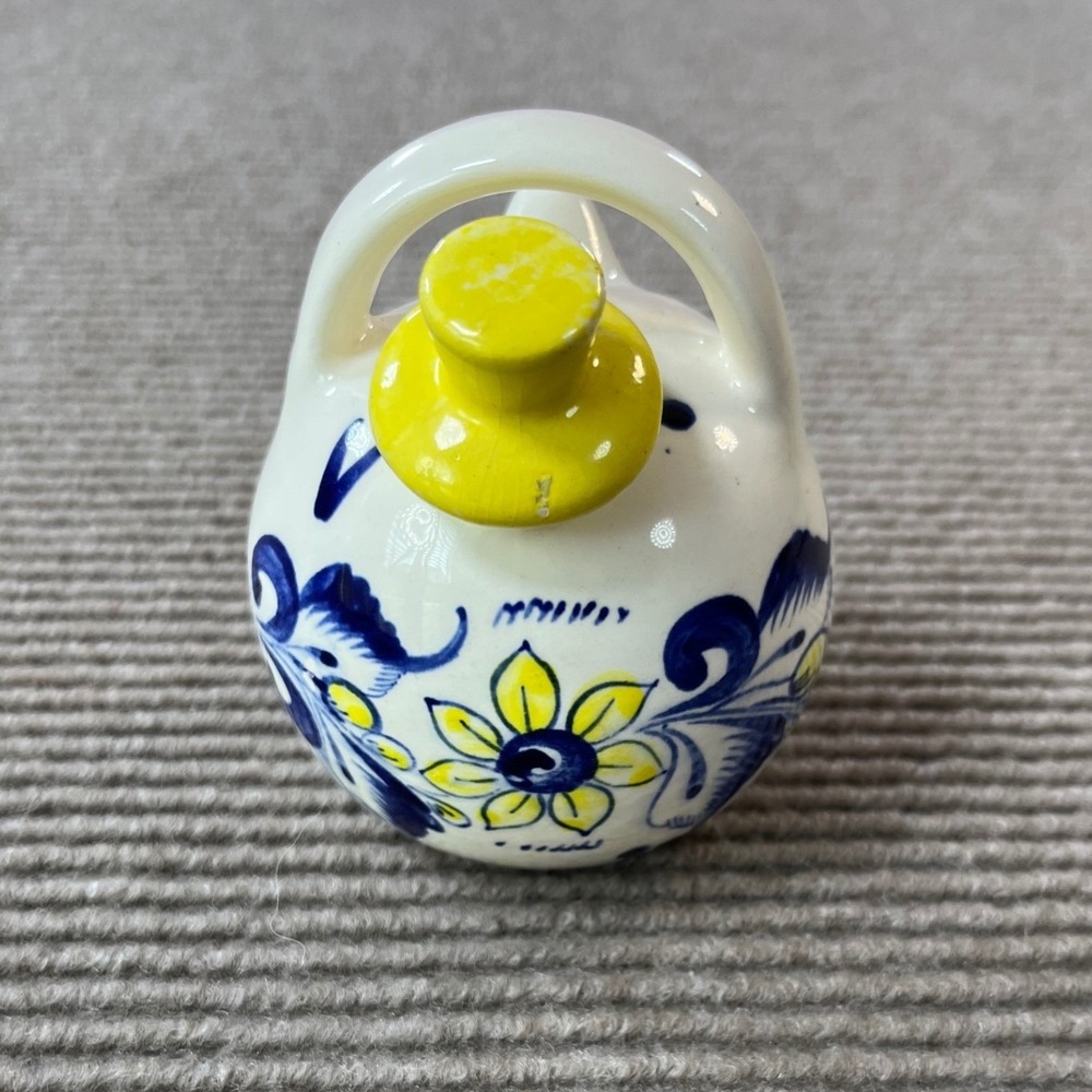 Hand Painted Ceramic Miniature Cruet Blue Yellow Floral Bird Pottery with Lid